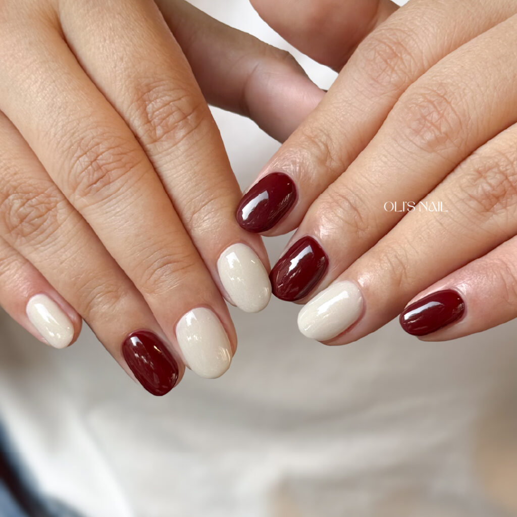OLI'S NAIL 奧里美甲|高雄美甲|米白酒紅跳色美甲